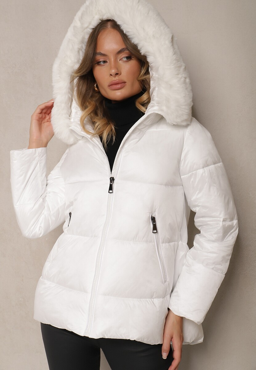 Biała Kurtka Pikowana z Kapturem Ozdobiona Futerkiem i Dłuższym Tyłem Rinloris 2