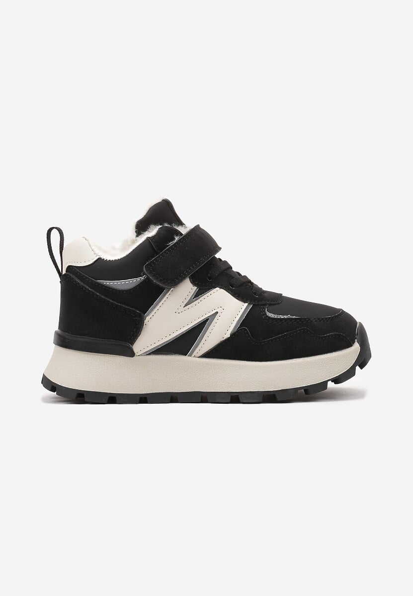 Czarno-Beżowe Płaskie Buty Sportowe Sneakersy Ozdobione Geometrycznym Wzorem i Futerkiem Fezilia 1