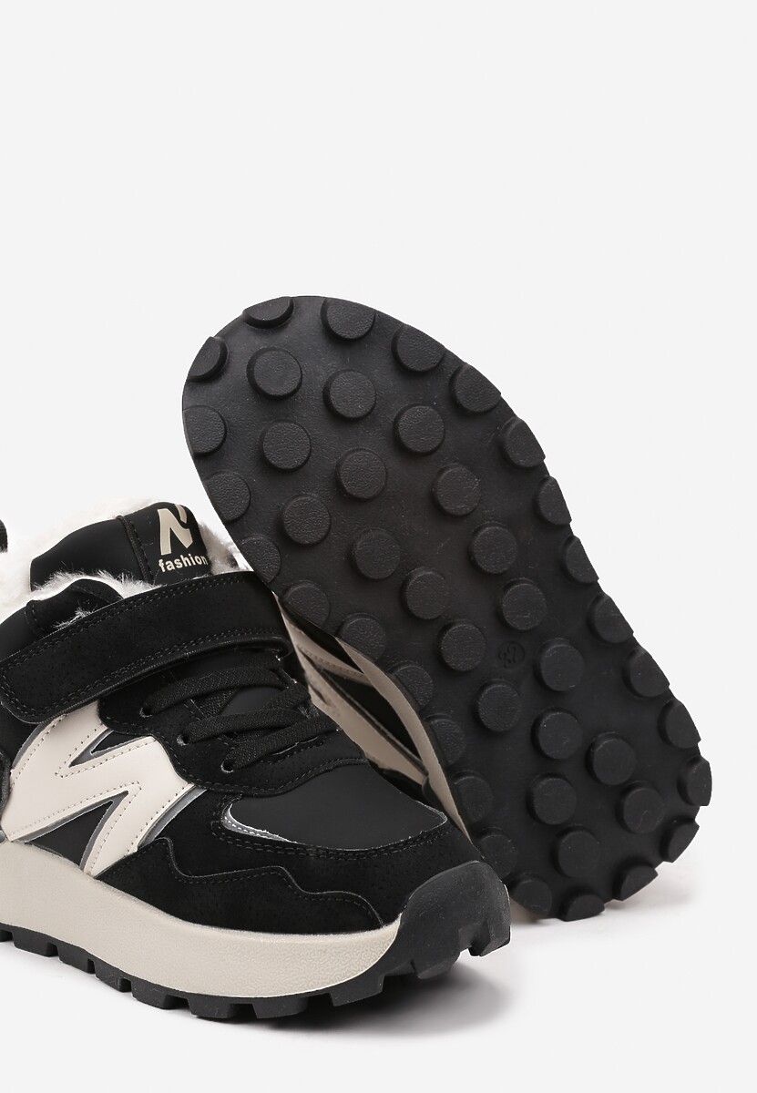Czarno-Beżowe Płaskie Buty Sportowe Sneakersy Ozdobione Geometrycznym Wzorem i Futerkiem Fezilia 3