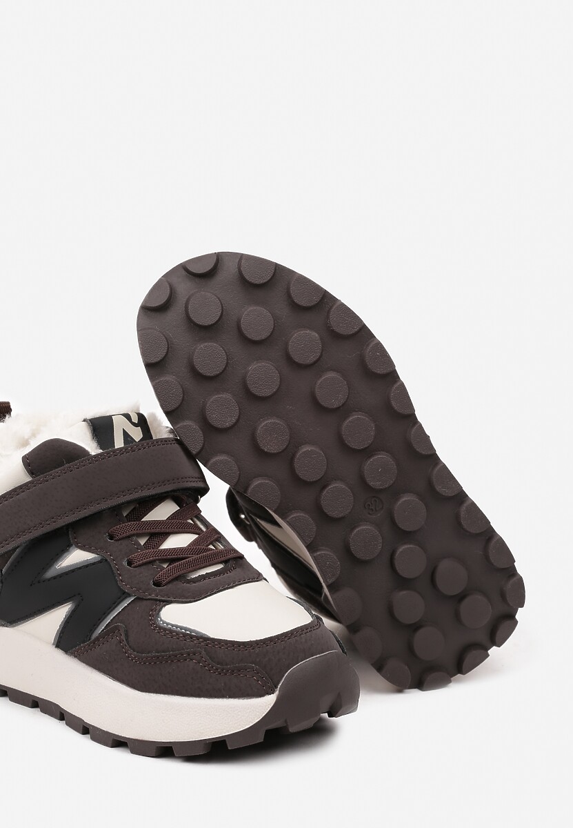 Beżowo-Brązowe Płaskie Buty Sportowe Sneakersy Ozdobione Geometrycznym Wzorem i Futerkiem Fezilia 3