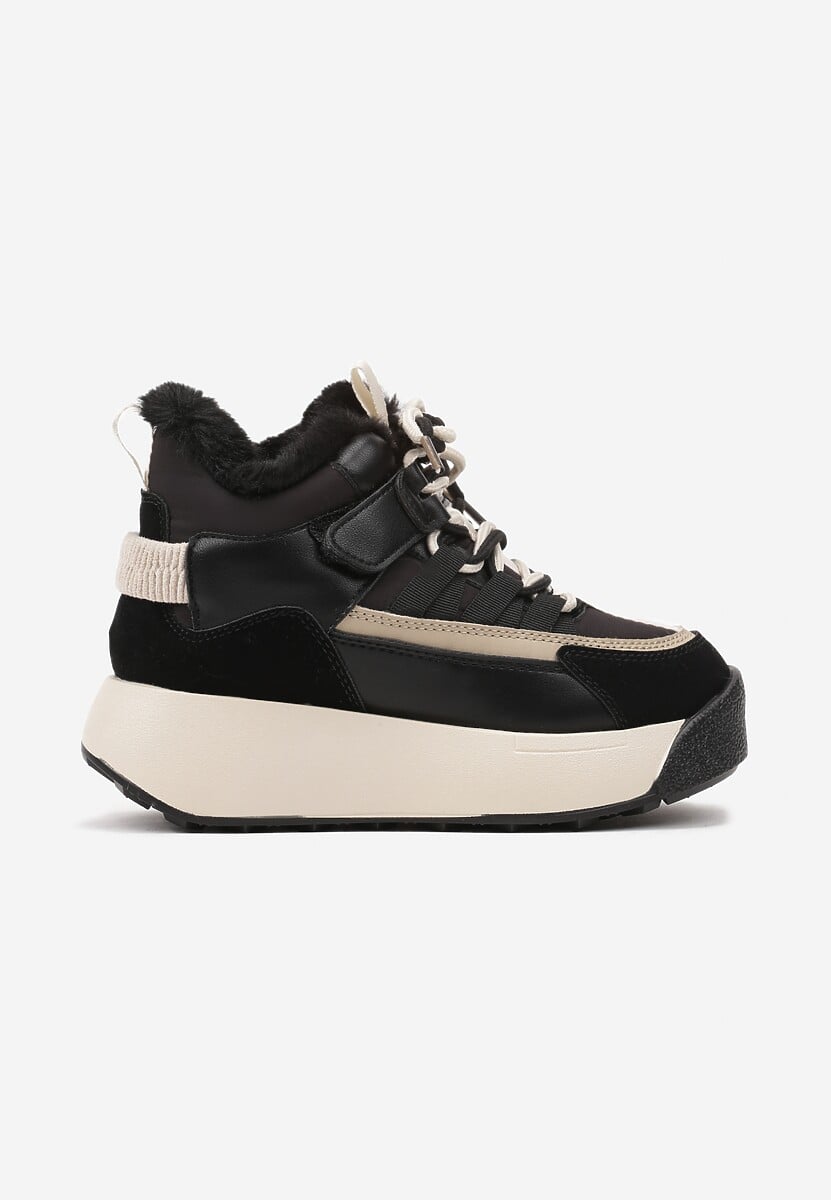 Czarno-Beżowe Śniegowce w Stylu Sneakersów na Grubej Podeszwie ze Sznurowaniem i Rzepem Lealiria 1