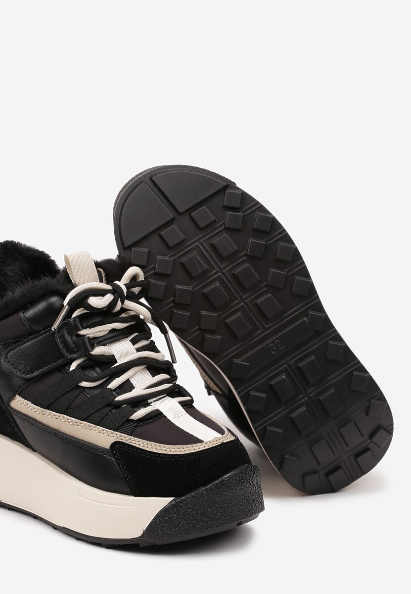Czarno-Beżowe Śniegowce w Stylu Sneakersów na Grubej Podeszwie ze Sznurowaniem i Rzepem Lealiria 3