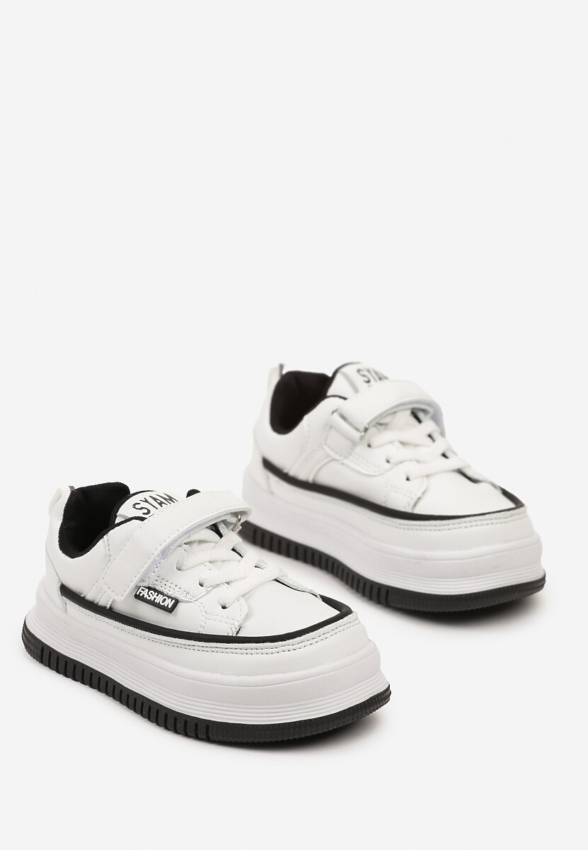 Biało-Czarne Sznurowane Buty Sportowe Sneakersy na Platformie z Wkładką ze Skóry z Napisem Virinna 2