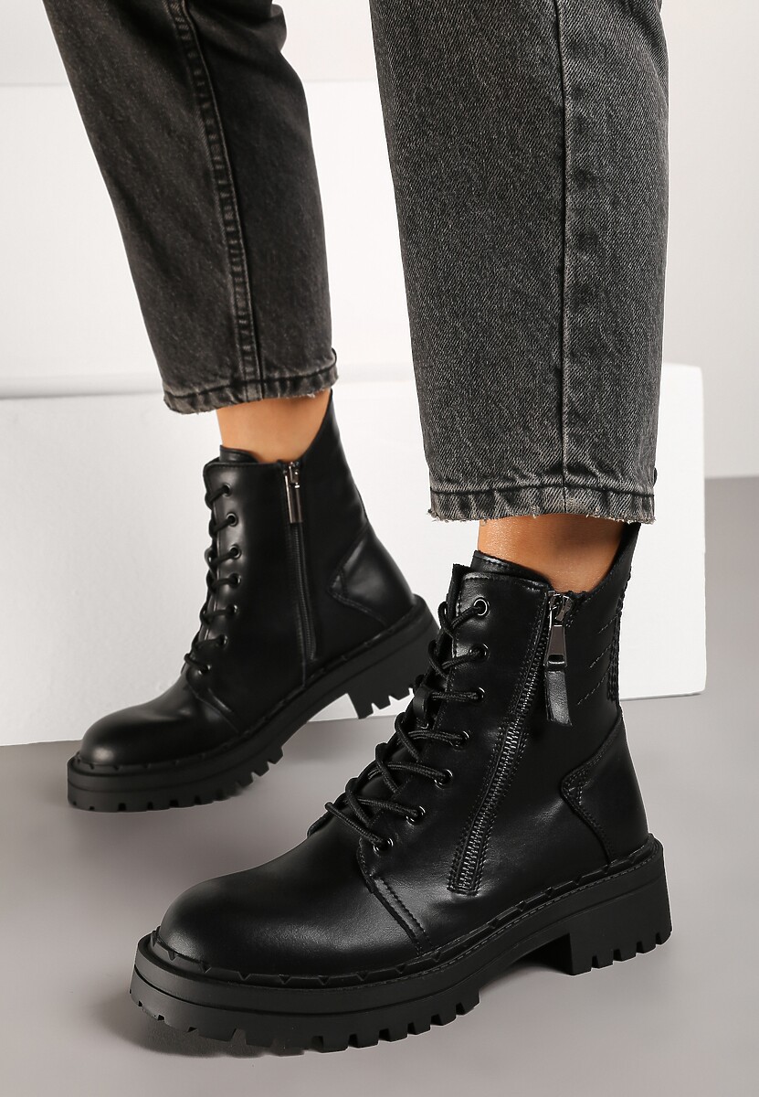 Czarne Botki Workery ze Skóry Naturalnej z Ozdobnym Suwakiem Reaniael 2