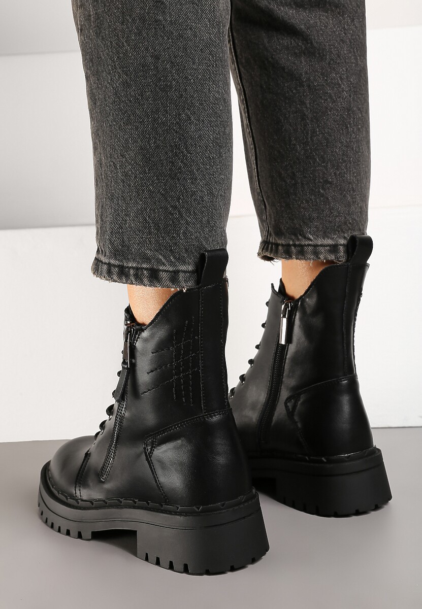 Czarne Botki Workery ze Skóry Naturalnej z Ozdobnym Suwakiem Reaniael 3