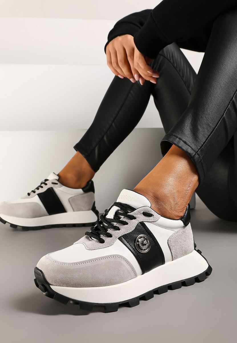 Szaro-Czarne Sneakersy na Platformie ze Skóry Naturalnej Ozdobione Metaliczną Aplikacją Realith 2