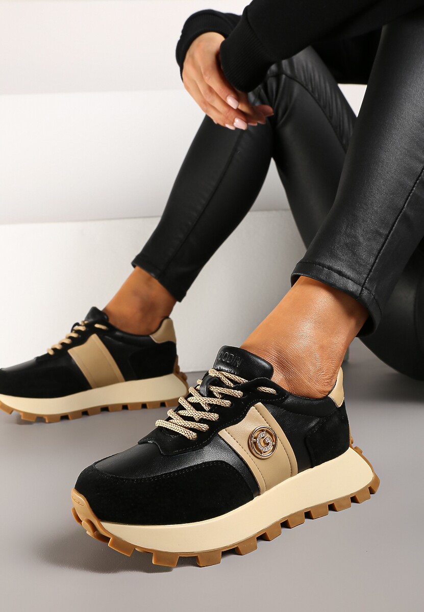 Czarno-Beżowe Sneakersy na Platformie ze Skóry Naturalnej Ozdobione Metaliczną Aplikacją Realith 1