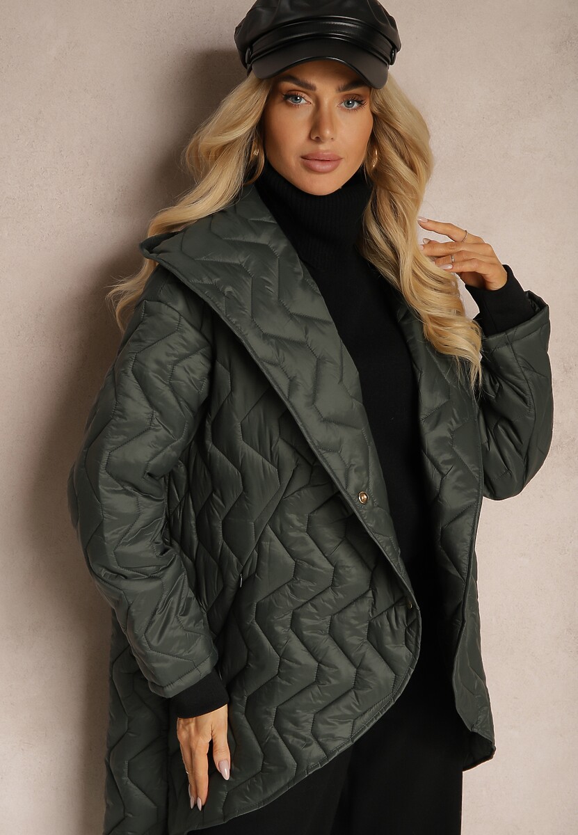 Ciemnozielona Pikowana Kurtka z Wycięciem i Dłuższym Dołem o Prostym Kroju z Paskiem Salireth 2