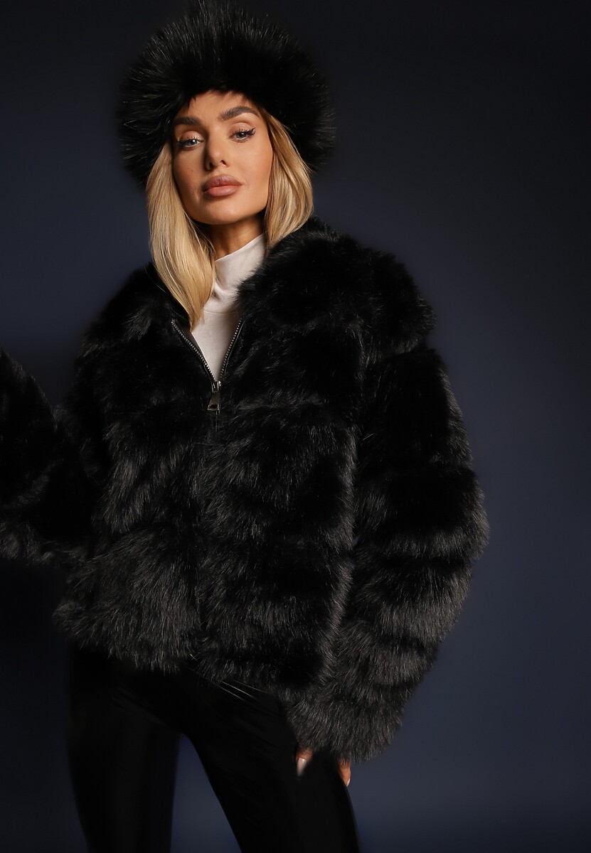 Czarna Zasuwana Kurtka Elegancka w Stylu Futerka Renitta 2