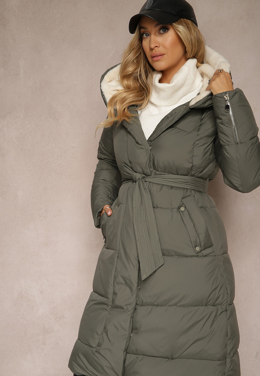 Zielona Długa Kurtka Pikowana z Kapturem Wiązana w Pasie Neanethra 1