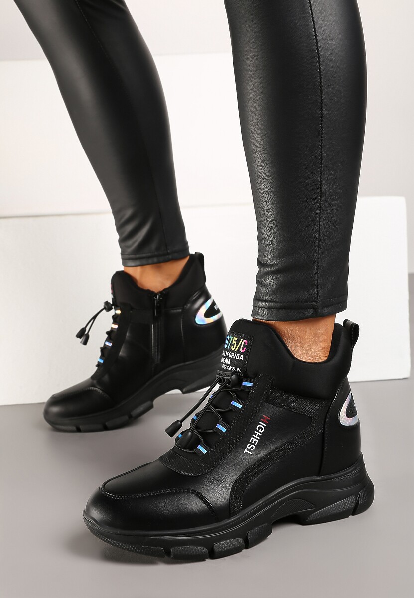 Czarne Sneakersy na Płaskiej Podeszwie z Wysoką Cholewką ze Ściągaczem i Napisami Tinnellia 1