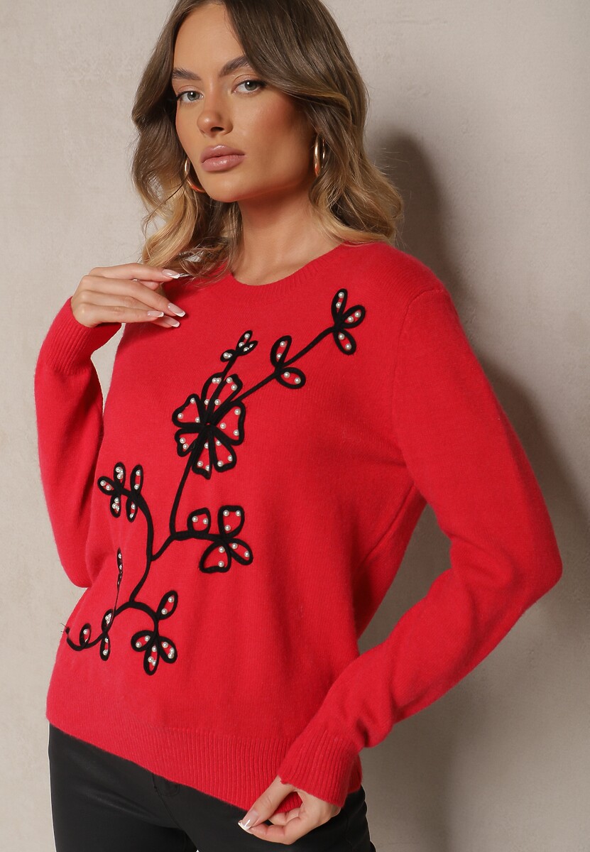Czerwony Sweter z Dodatkiem Angory i Kwiecistym Haftem z Perłami Tinnavira 1
