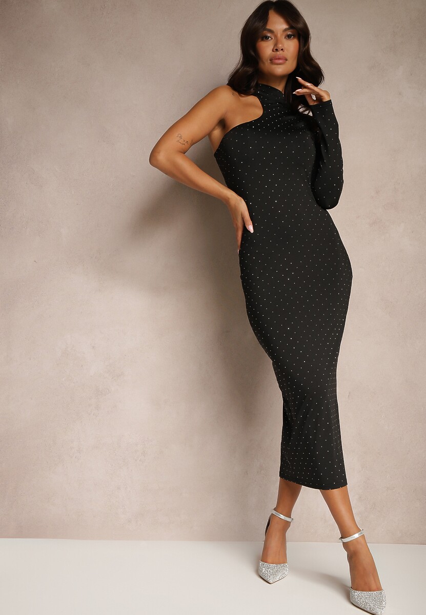 Czarna Koktajlowa Sukienka Bodycon Asymetryczna z Jednym Rękawem Lissain 1