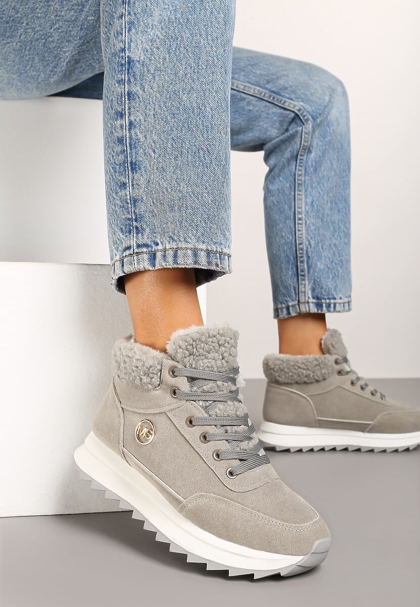Szare Sneakersy z Ekozamszu z Futrzaną Wyściółką Etaylla 1