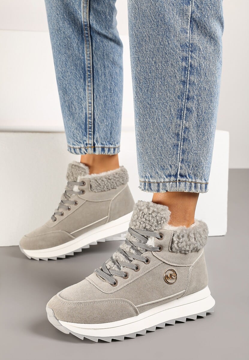 Szare Sneakersy z Ekozamszu z Futrzaną Wyściółką Etaylla 2