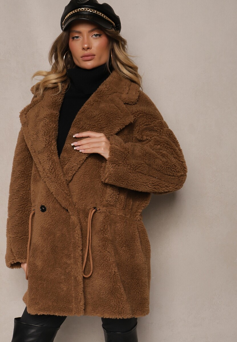 Brązowa Kurtka Futerko w Stylu Teddy Ściągane w Talii Enarithiel 1