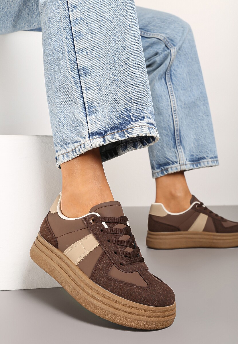 Brązowe Sneakersy na Grubej Podeszwie z Ozdobnymi Przeszyciami Ysdole 1