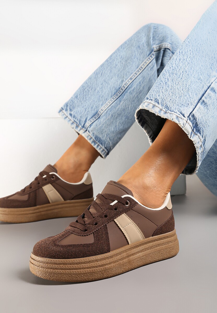 Brązowe Sneakersy na Grubej Podeszwie z Ozdobnymi Przeszyciami Ysdole 2