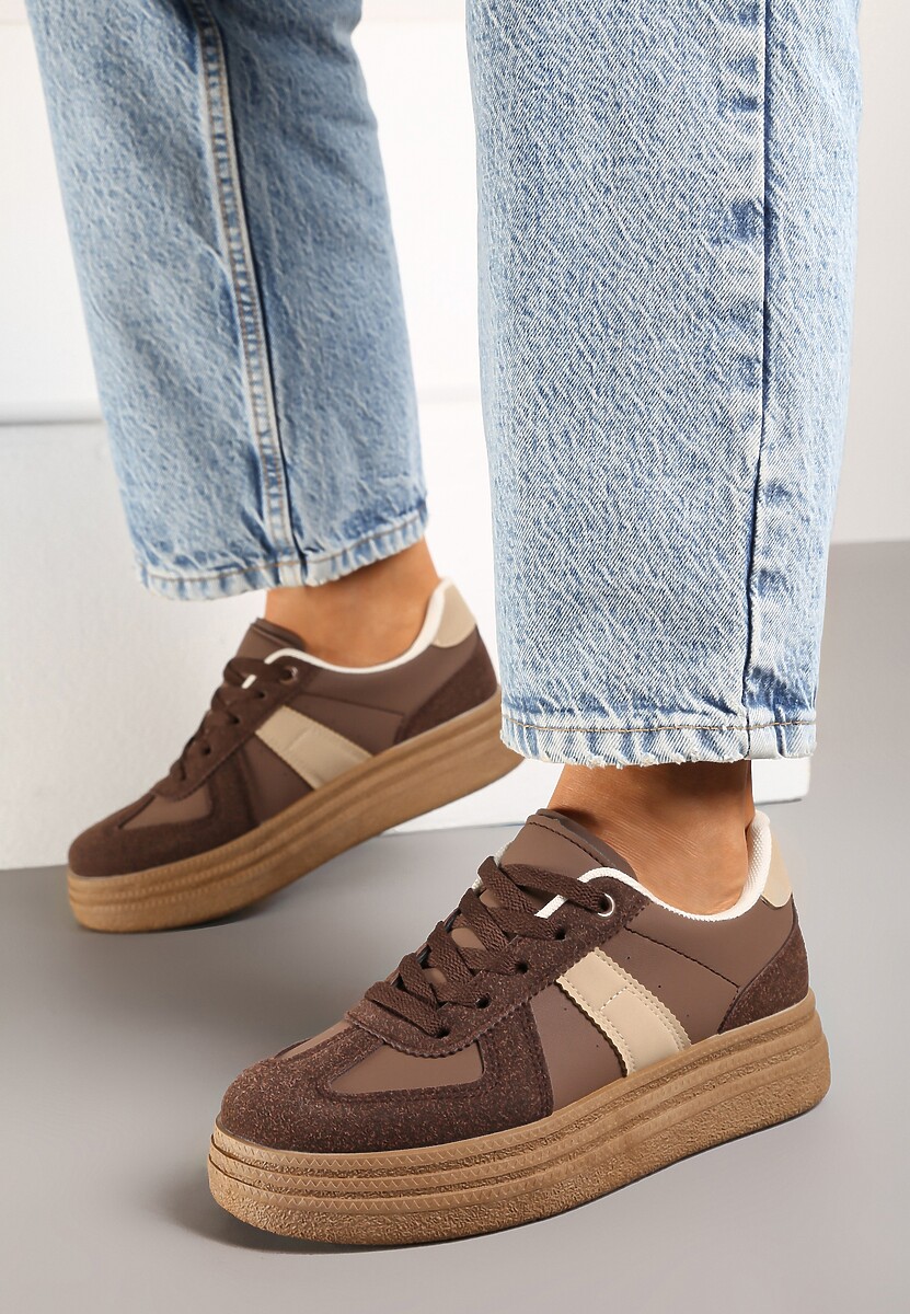 Brązowe Sneakersy na Grubej Podeszwie z Ozdobnymi Przeszyciami Ysdole 3