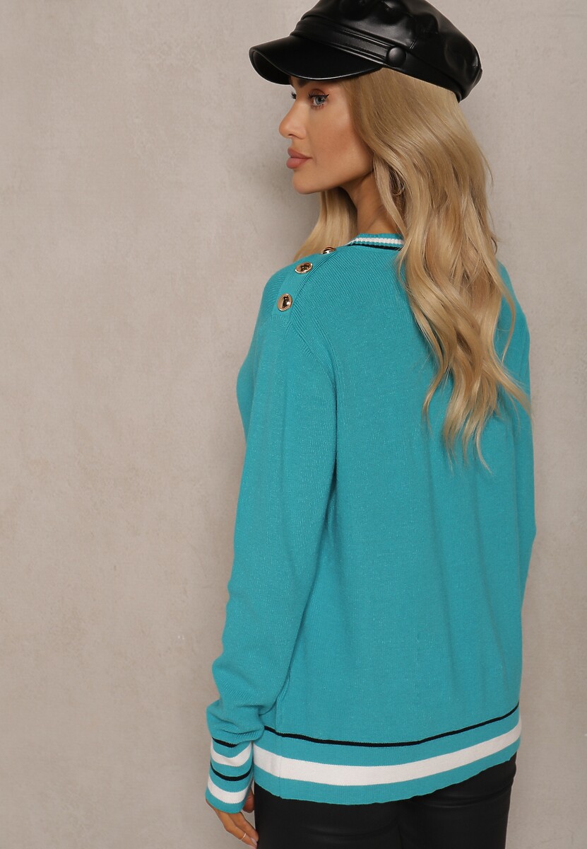 Miętowy Sweter z Wiskozą Modalem i Ozdobnymi Guzikami i Paskami Lannitia 3