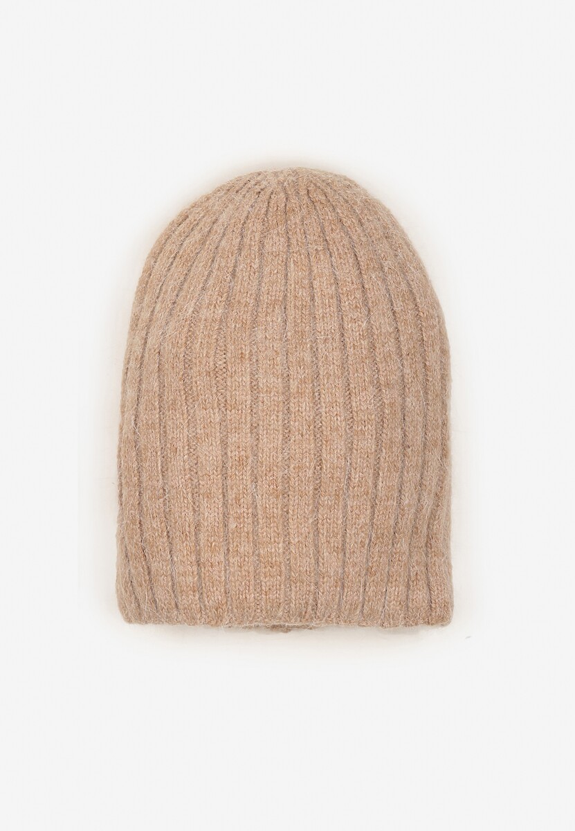 Brązowa Czapka z Wiskozy w Stylu Beanie z Prążkowanego Materiału Enandira