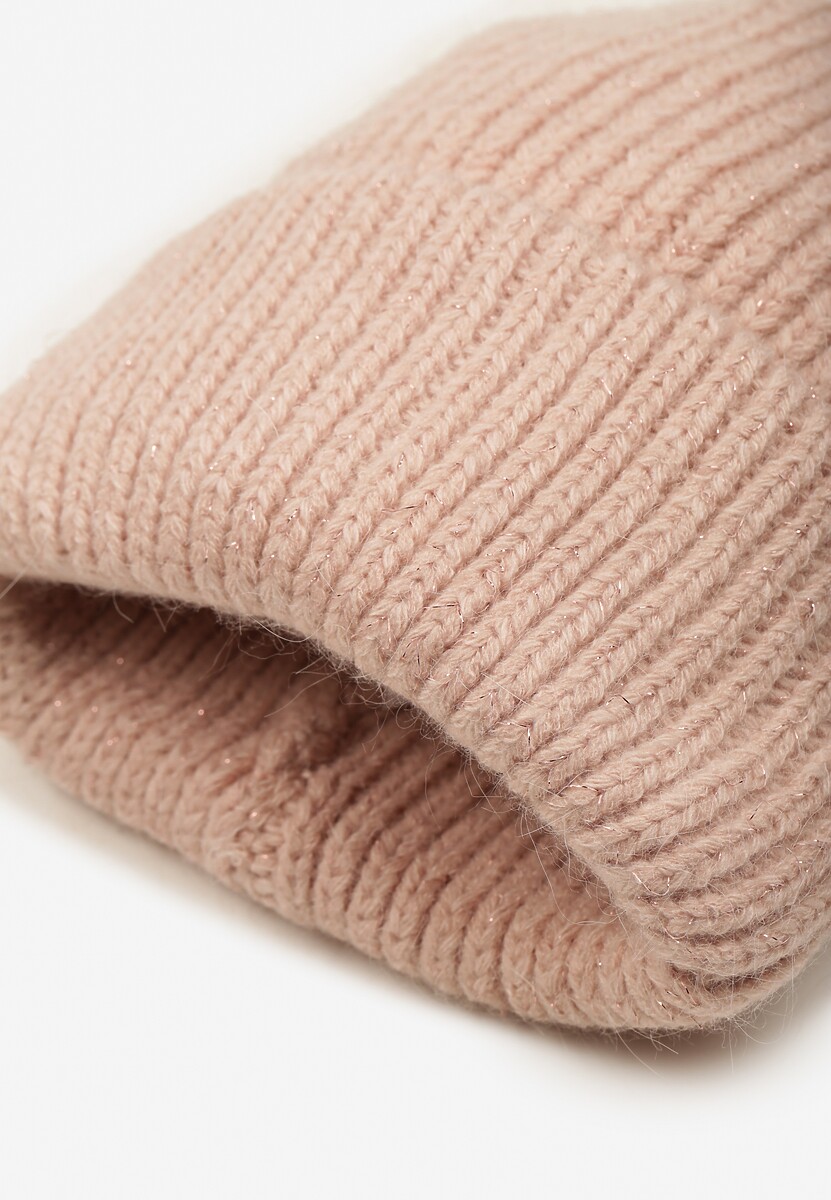 Różowa Czapka Beanie z Wiskozą z Prążkowanego Materiału Ozdobiona Metaliczną Nicią Temitana 2