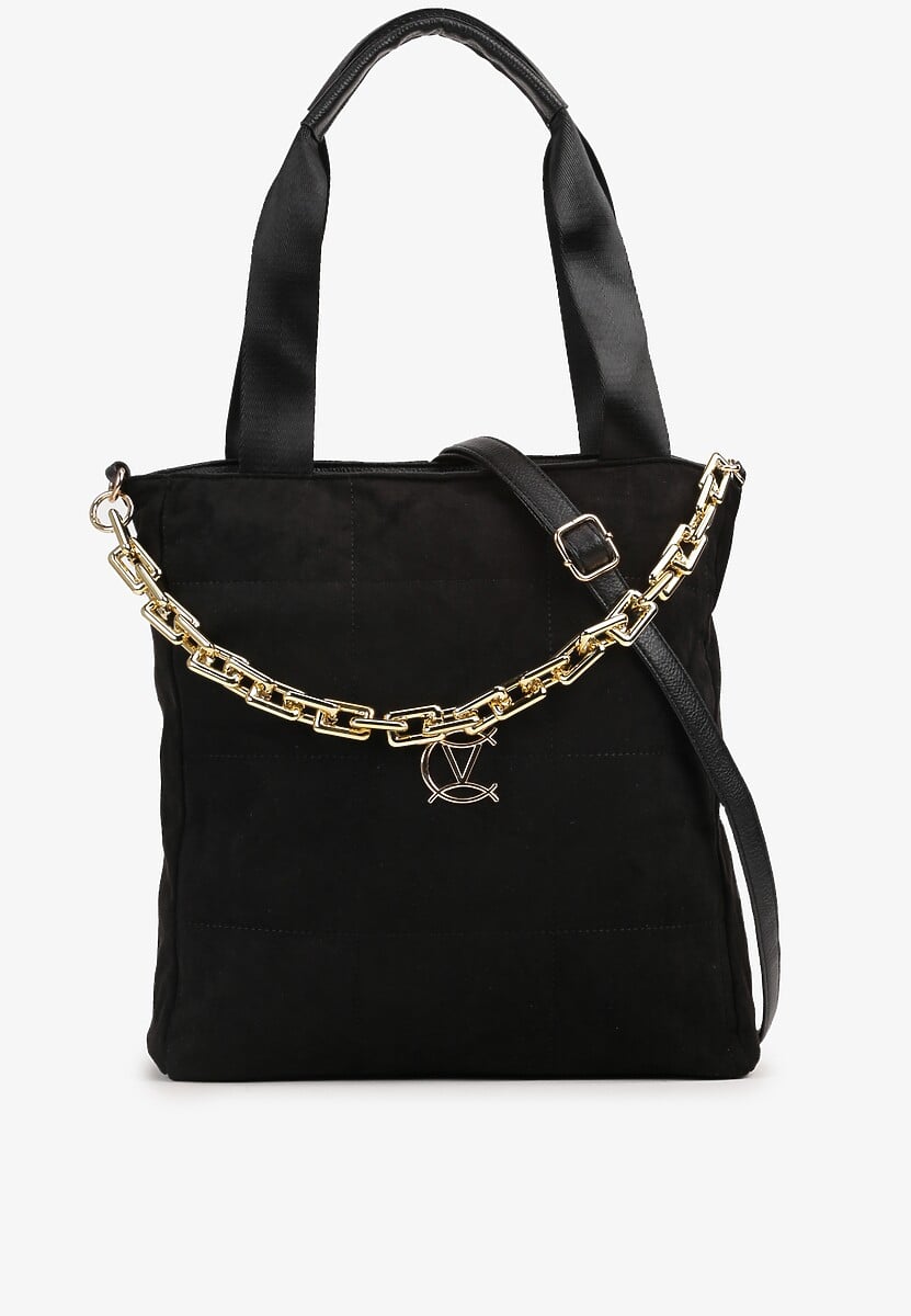 Czarna Torebka Shopper z Ekozamszu Zdobiona Eleganckim Łańcuszkiem Leathraen 1