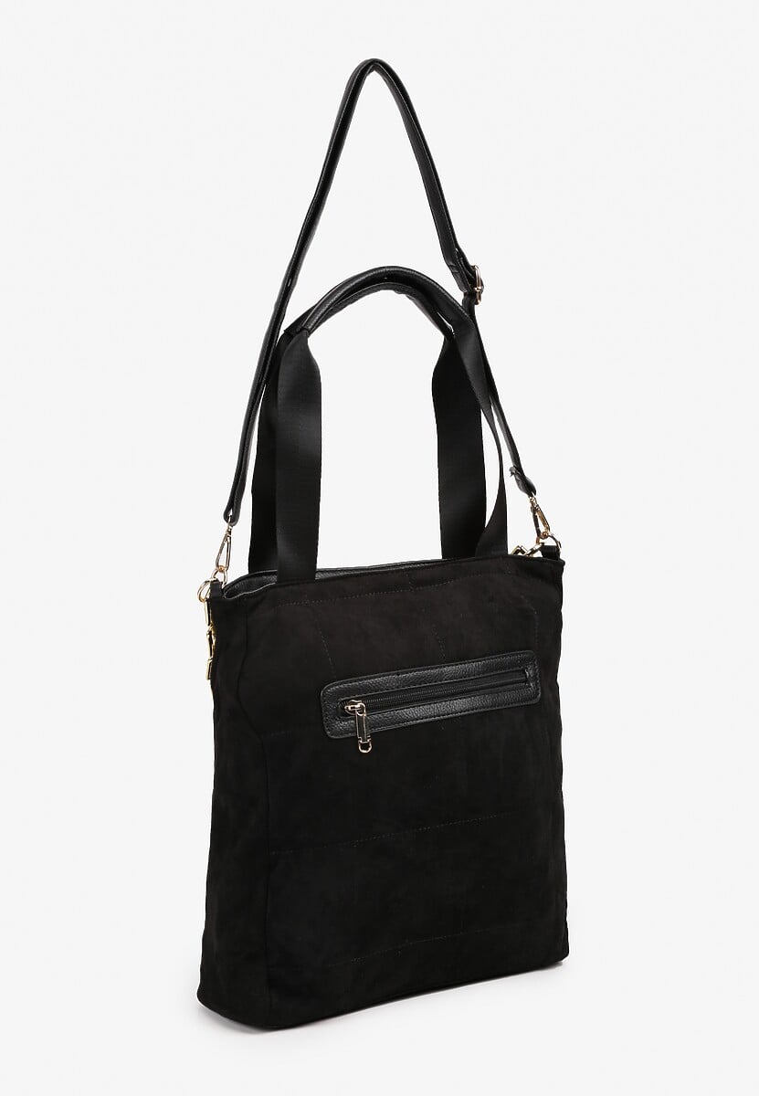 Czarna Torebka Shopper z Ekozamszu Zdobiona Eleganckim Łańcuszkiem Leathraen 2