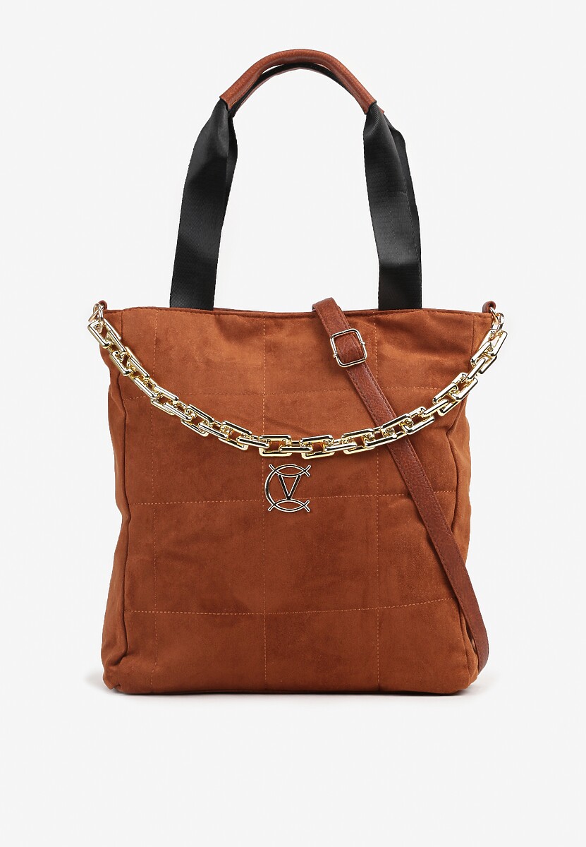 Brązowa Torebka Shopper z Ekozamszu Zdobiona Eleganckim Łańcuszkiem Leathraen