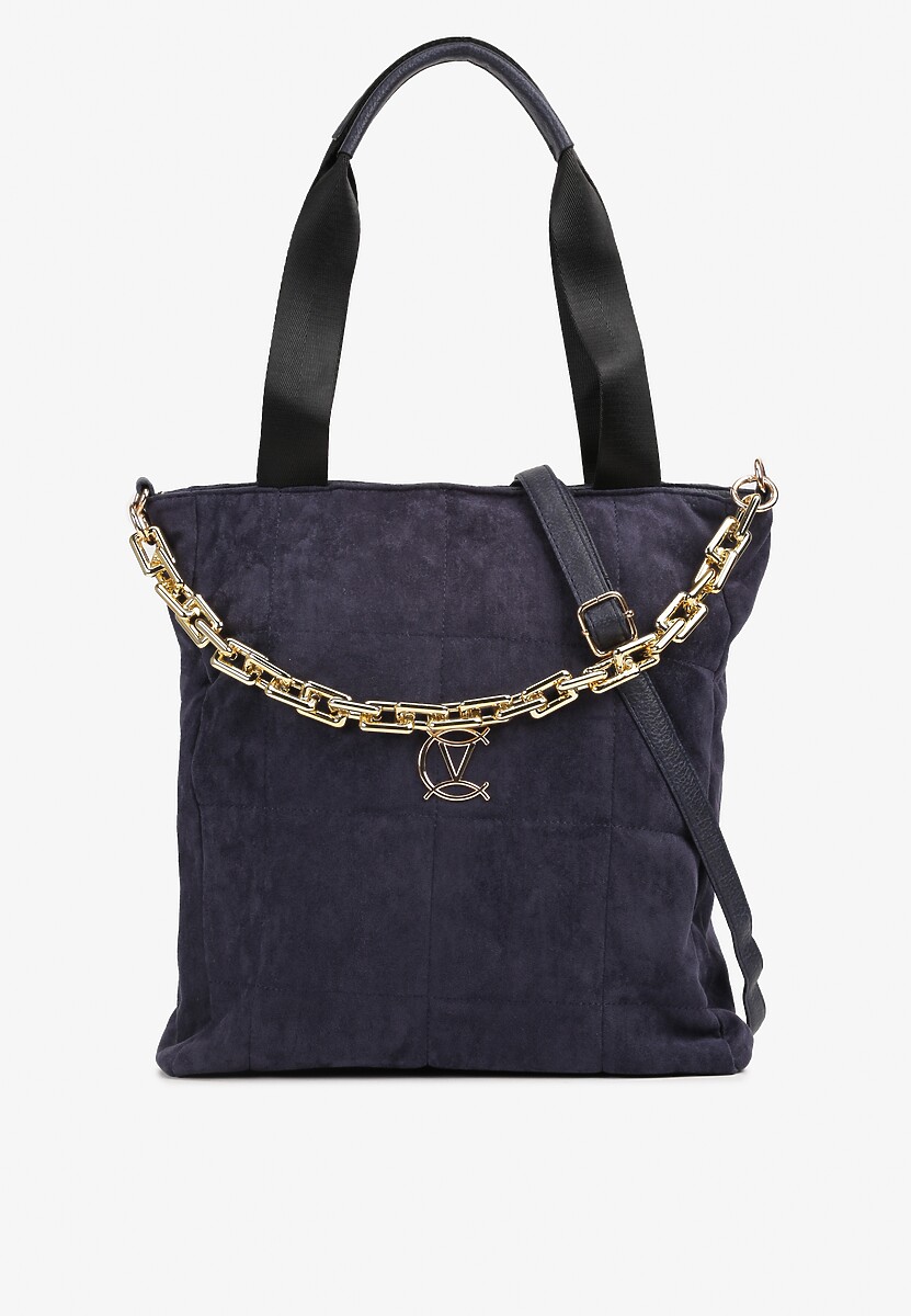 Granatowa Torebka Shopper z Ekozamszu Zdobiona Eleganckim Łańcuszkiem Leathraen 1