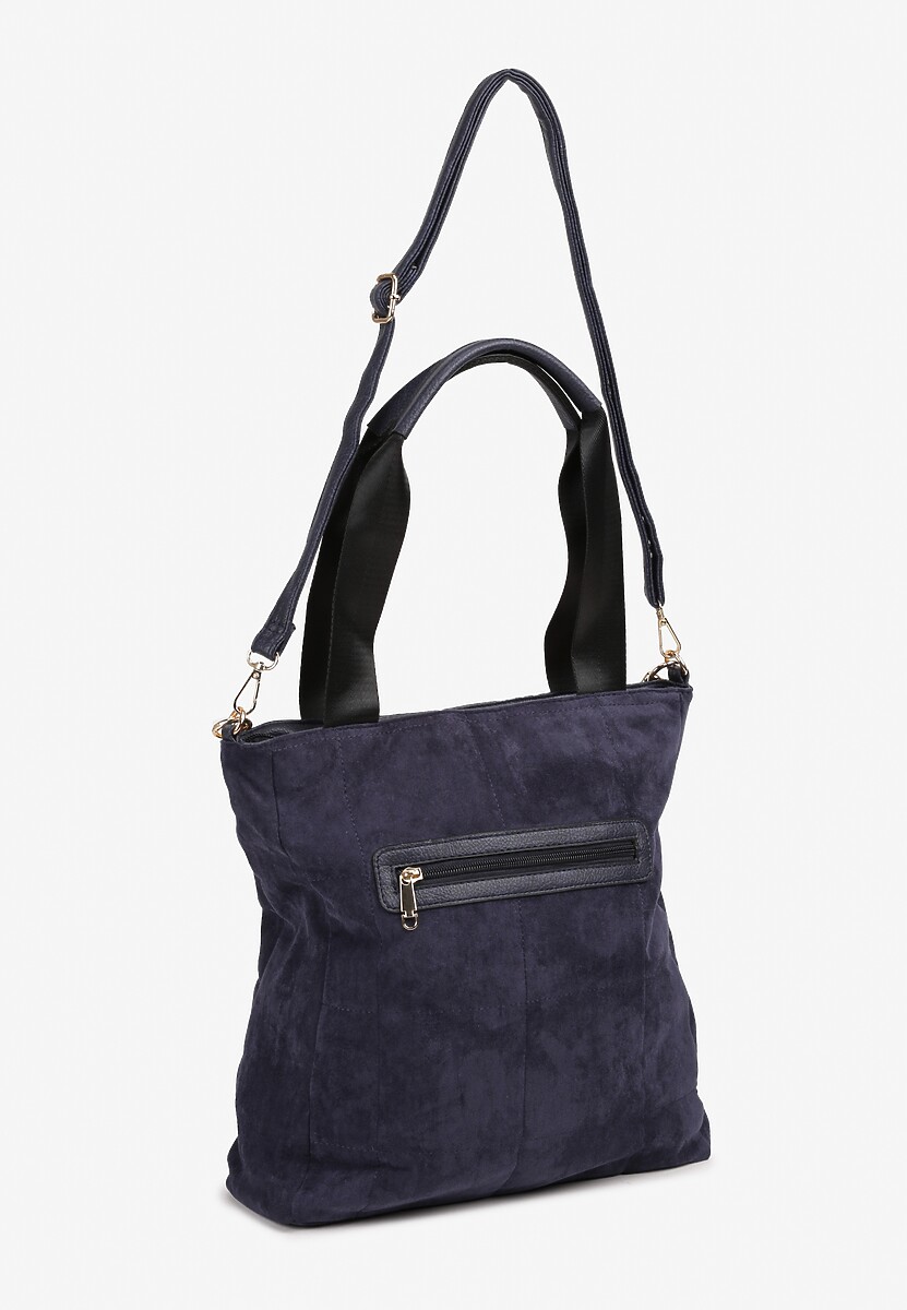 Granatowa Torebka Shopper z Ekozamszu Zdobiona Eleganckim Łańcuszkiem Leathraen 2