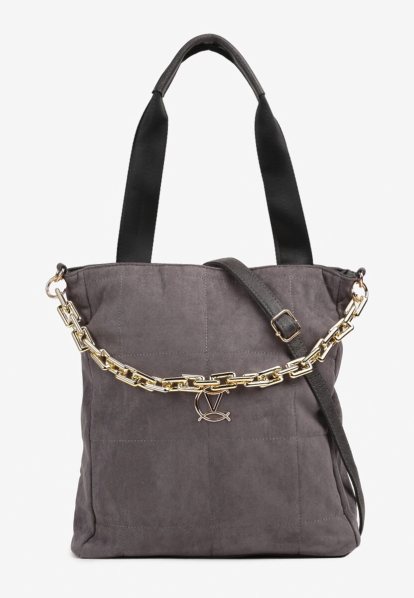 Szara Torebka Shopper z Ekozamszu Zdobiona Eleganckim Łańcuszkiem Leathraen 1