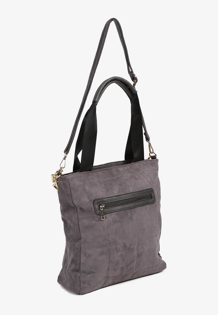 Szara Torebka Shopper z Ekozamszu Zdobiona Eleganckim Łańcuszkiem Leathraen 2