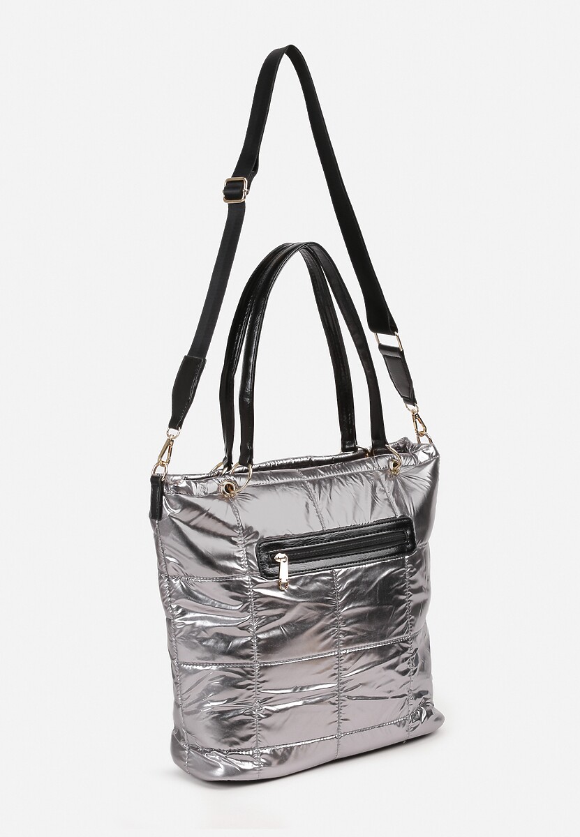 Srebrna Pikowana Torebka Shopperka z Łańcuchem i Dodatkowym Regulowanym Paskiem Gebitana 2