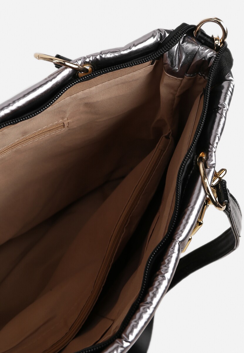 Srebrna Pikowana Torebka Shopperka z Łańcuchem i Dodatkowym Regulowanym Paskiem Gebitana 3