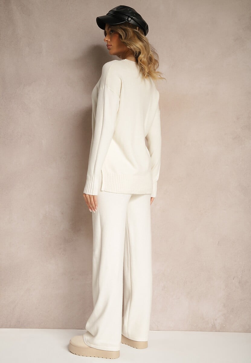 Jasnobeżowy Komplet z Wiskozą i Bawełną Szerokie Spodnie i Sweter ze Ściągaczami i Guzikami Sassizia 3