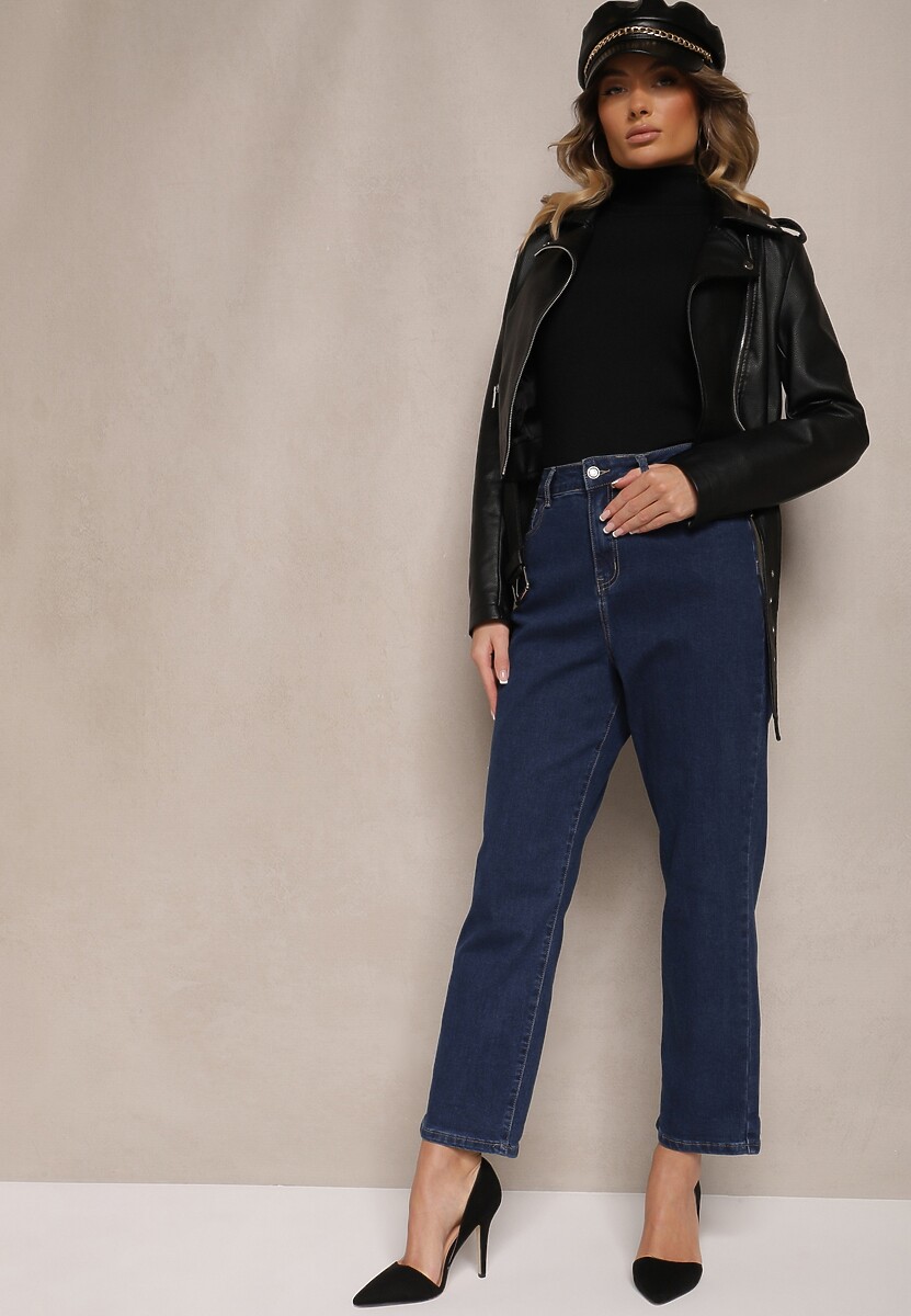 Granatowe Jeansy z Bawełną Mom Fit High Waist Ralila 2