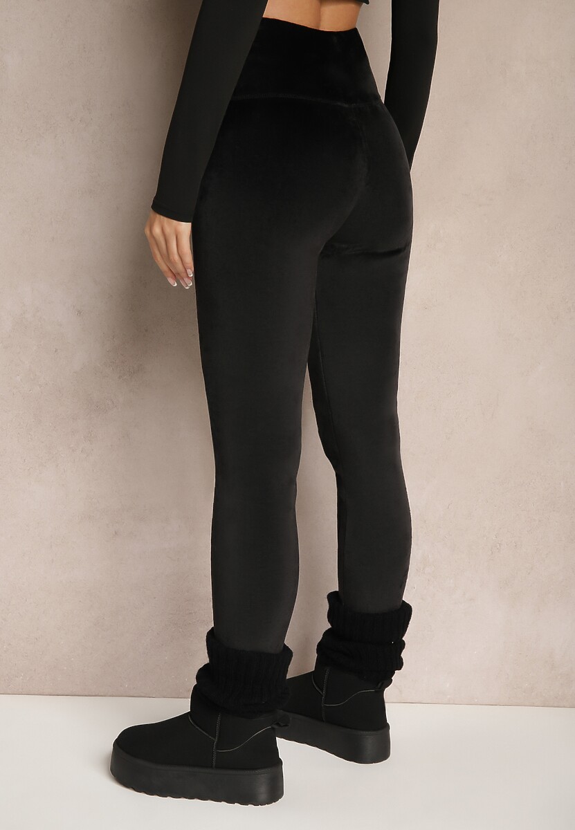 Czarne Ocieplane Legginsy High Waist z Weluru z Metaliczną Aplikacją Neliria 3