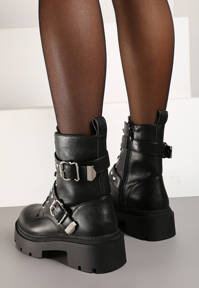 Czarne Płaskie Sznurowane Botki w Stylu Workerów Ozdobione Klamrami Esarinta 3
