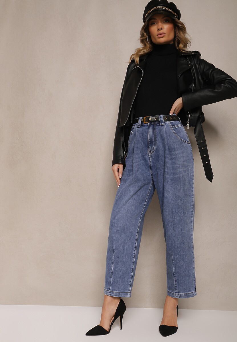 Niebieskie Bawełniane Jeansy o Szerokim Kroju High Waist Ozdobione Paskiem Senivara