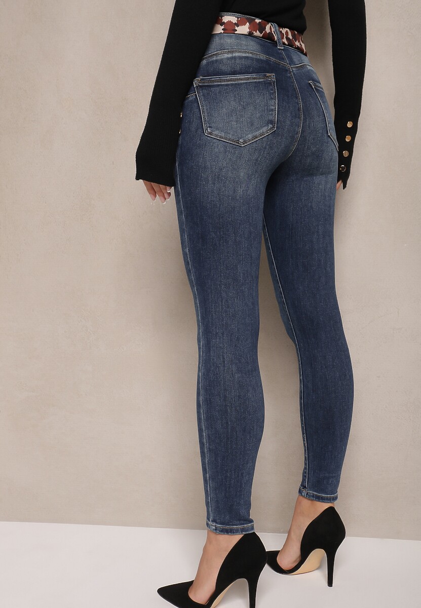 Niebieskie Jeansy Skinny z Efektem Push Up i Wiązanym Paskiem w Cętki Tenamia 3