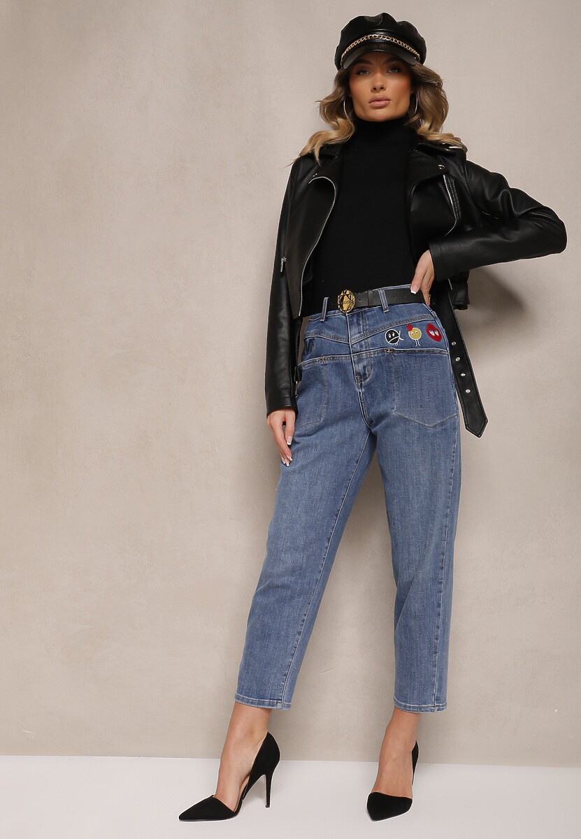Niebieskie Jeansy Boyfriend High Waist Zdobione Naszywkami i Dodatkowym Paskiem Lyrila 1