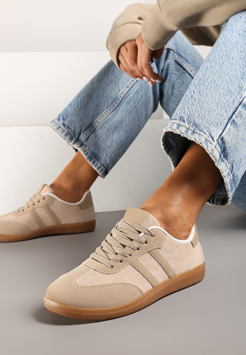 Ciemnobeżowe Casualowe Sneakersy z Ekozamszu na Płaskiej Podeszwie Pemeriana 1