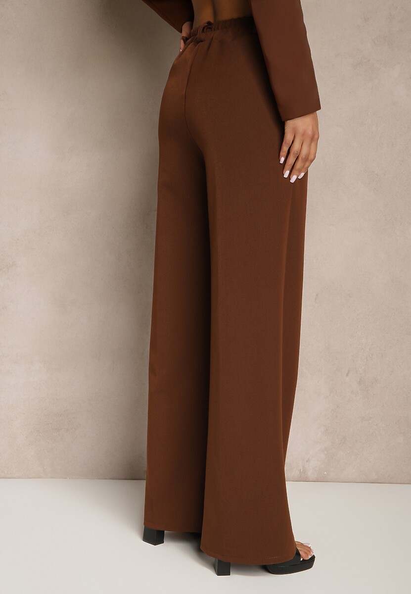 Brązowe Szerokie Spodnie High Waist z Gumką w Pasie Eternel 3