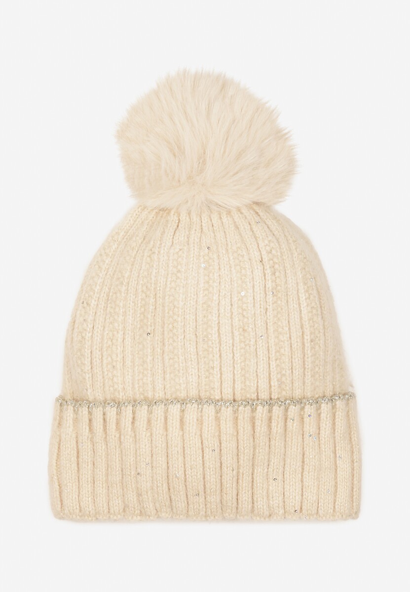 Beżowa Czapka Beanie Ozdobiona Metaliczną Nicią i Pomponem Delasirra 1