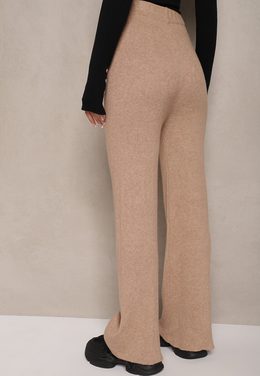 Ciemnobeżowe Szerokie Spodnie z Bawełną High Waist Emarisa 3
