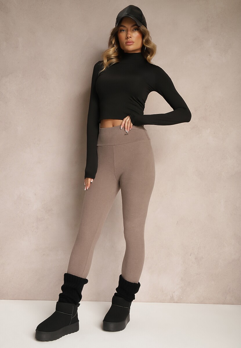 Ciemnobeżowe Legginsy High Waist z Metaliczną Ozdobą Batila 1