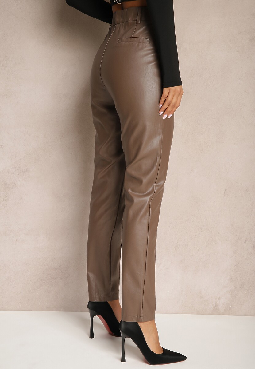 Brązowe Spodnie o Kroju Slim High Waist z Imitacji Skóry Iritharia 3