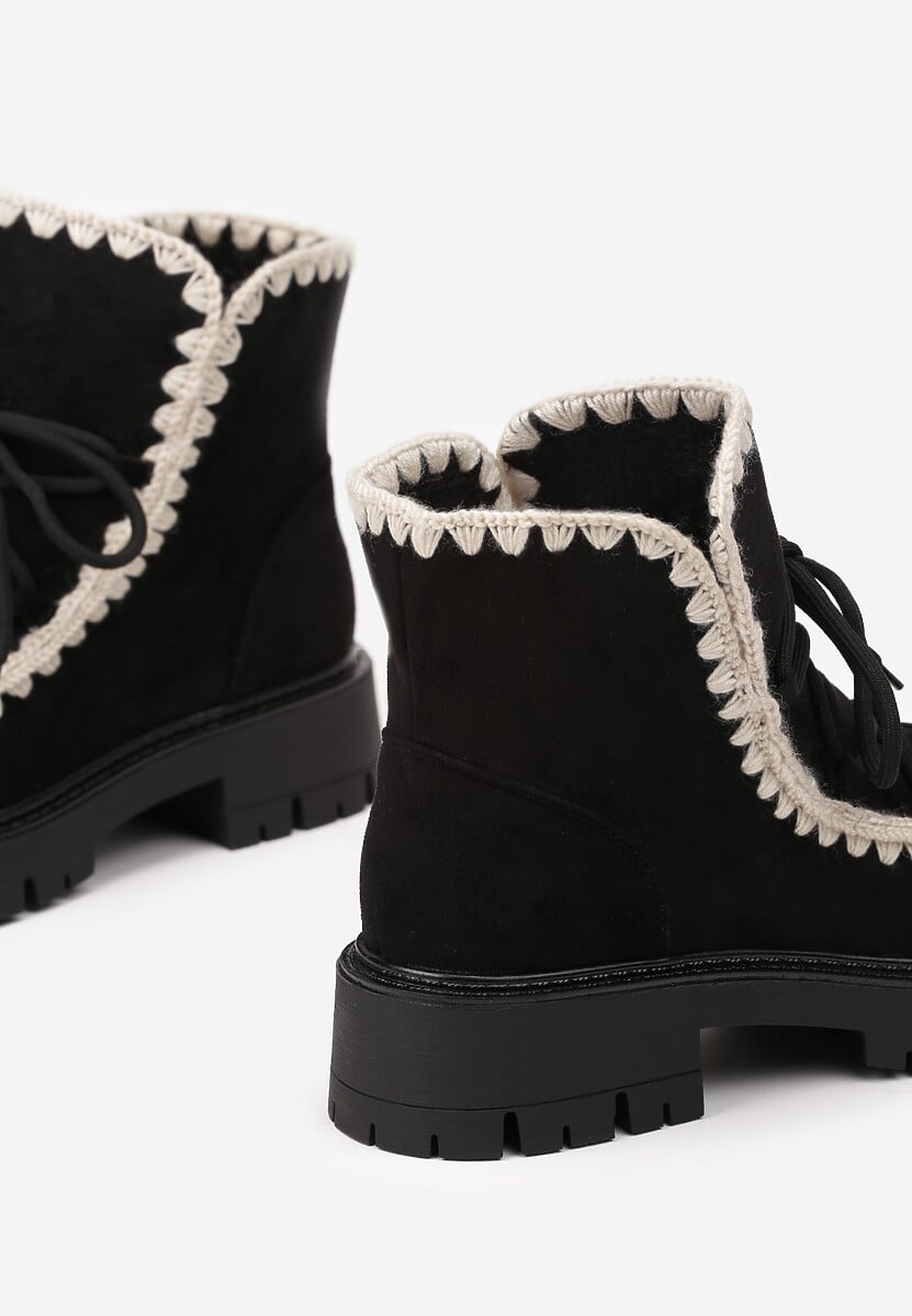 Czarne Botki z Ekozamszu z Dodatkowym Kompletem Sznurówek