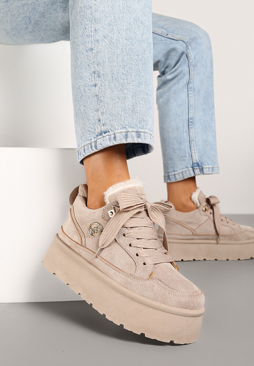 Beżowe Sneakersy z Ekozamszu na Grubej Podeszwie Wyściełane Futerkiem Senavel 1